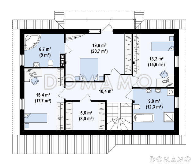 Проект одноэтажного мансардного дома из газобетона с четырьмя спальнями и встроенным гаражом / План мансардного этажа