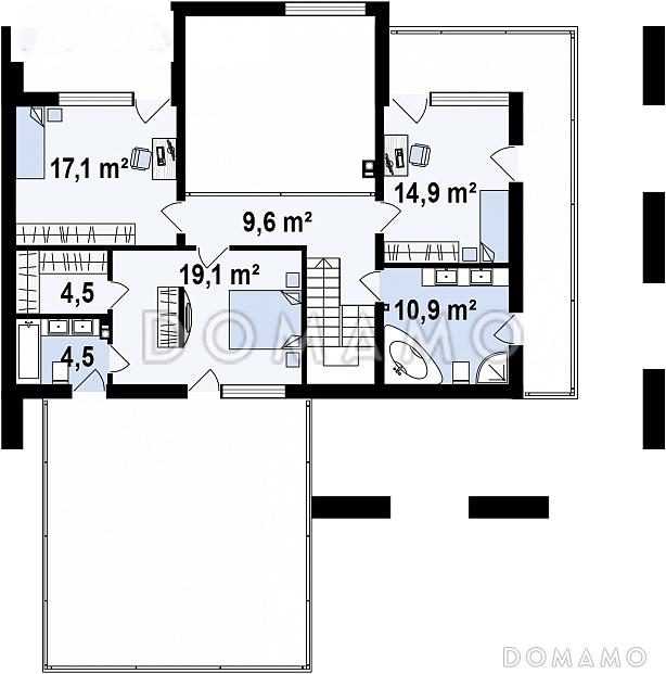 Проект современного двухэтажного дома из газобетона с плоской крышей с четырьмя спальнями, кабинетом, гаражом и большой площадью остекления / План 2 этажа