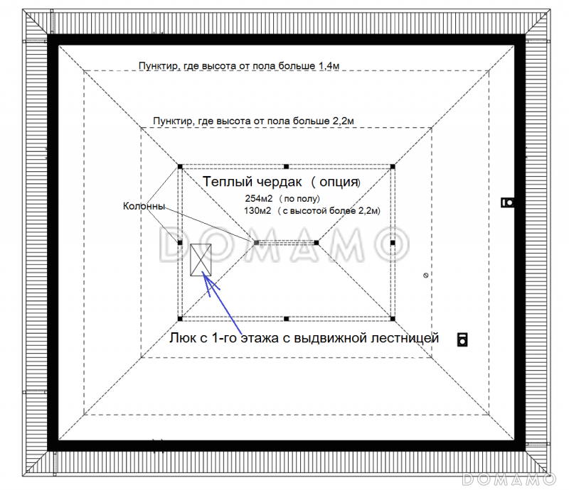 Проект оригинального одноэтажного дома из кирпича с крытой парковкой внутри дома / План мансардного этажа