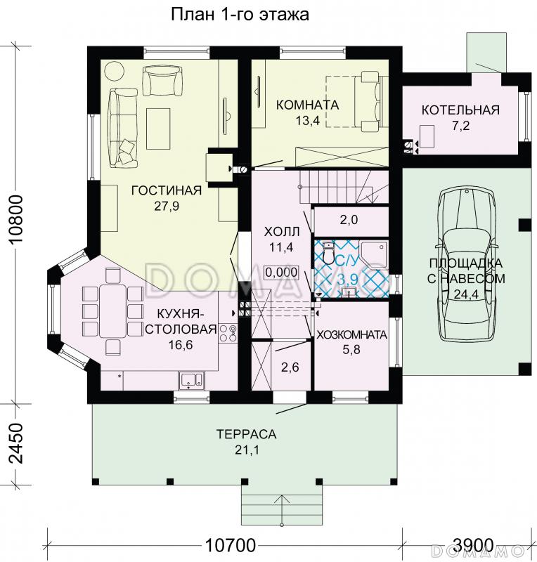 Проект дома из пенобетона с местом для машины / План 1 этажа
