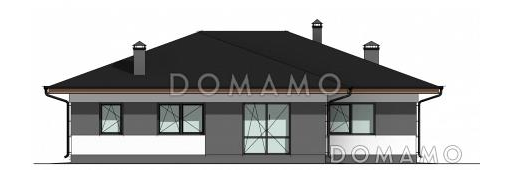 Проект одноэтажного дома с вальмовой крышей, гаражом на 2 машины, хозяйской и гостевыми спальными комнатами / Фасад 4
