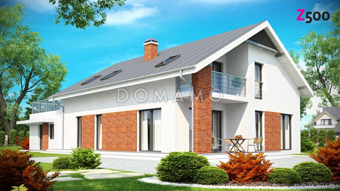 Проект просторного одноэтажного дома с мансардным этажом из кирпича со встроенным гаражом и большой террасой над ним / 2