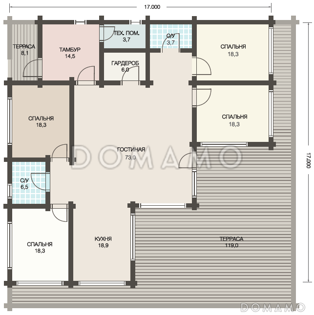 Проект дома из клееного бруса с просторной террасой площадью более 100 кв.м. / План 1 этажа