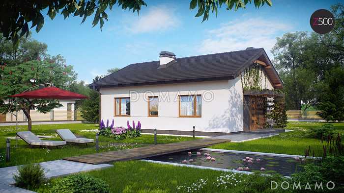 Проект компактного одноэтажного дома из кирпича с двумя спальнями, изолированной кухней и торцевым входом Проект компактного одноэтажного дома из кирпича с двумя спальнями, изолированной кухней и торцевым входом