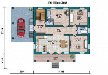 Проект дома с сауной в цокольном этаже, навесом для машины и гостиной на мансарде / План 1 этажа Проект дома с сауной в цокольном этаже, навесом для машины и гостиной на мансарде / План 1 этажа