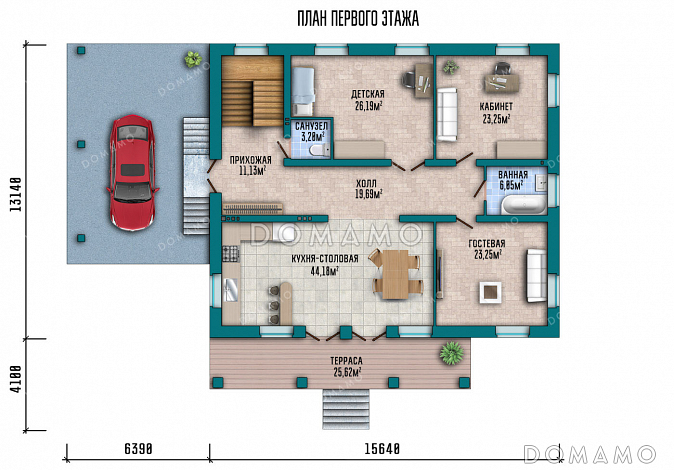 Проект дома с сауной в цокольном этаже, навесом для машины и гостиной на мансарде / План 1 этажа Проект дома с сауной в цокольном этаже, навесом для машины и гостиной на мансарде / План 1 этажа