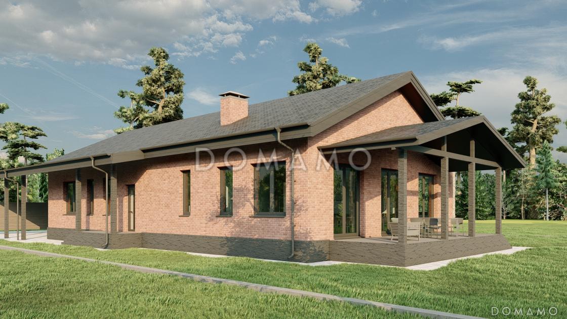 Проект одноэтажного дома с большим навесом для автомобилей, мастер-спальней и широкой террасой / 1