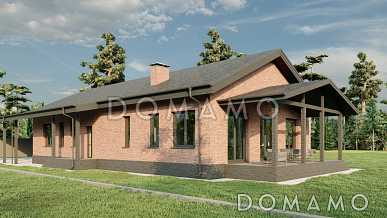 Проект одноэтажного дома с большим навесом для автомобилей, мастер-спальней и широкой террасой