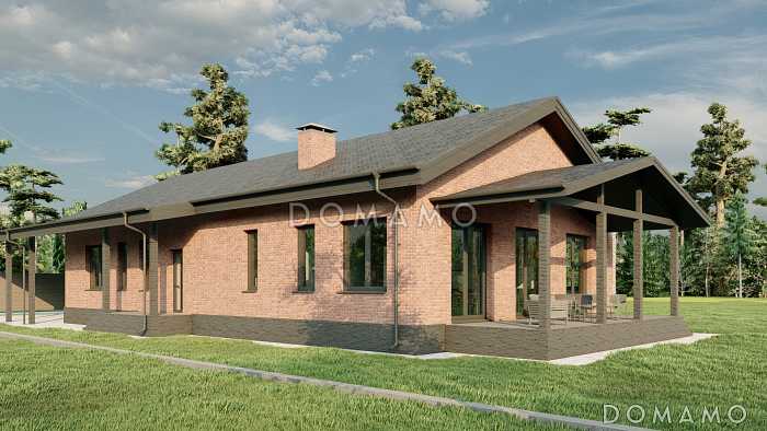 Проект одноэтажного дома с большим навесом для автомобилей, мастер-спальней и широкой террасой