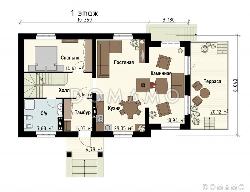 Проект загородного дома с бильярдной, парной, спортзалом, каминной зоной / План 1 этажа