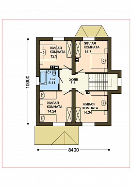Проект теплого дачного дома с остекленной верандой и декоративными балками под коньком крыши / План мансардного этажа Проект теплого дачного дома с остекленной верандой и декоративными балками под коньком крыши / План мансардного этажа
