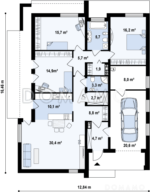Проект небольшого современного одноэтажного дома из кирпича с плоской крышей с тремя спальнями и гаражом / План 1 этажа