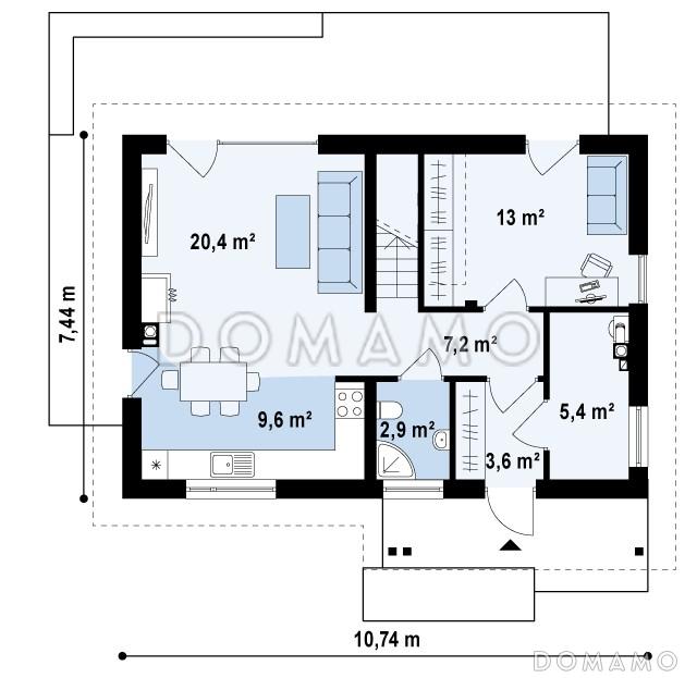 Проект одноэтажного мансардного дома из кирпича с кабинетом, тремя спальнями и хозяйской гардеробной / План 1 этажа