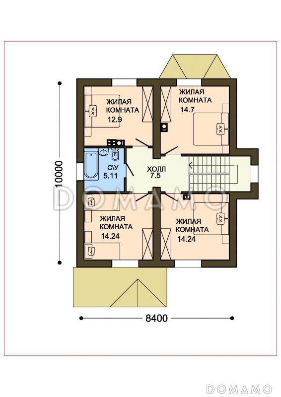 Проект теплого дачного дома с остекленной верандой и декоративными балками под коньком крыши / План мансардного этажа