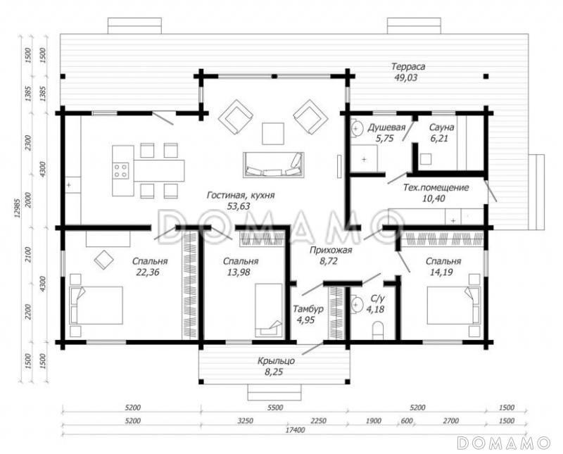 Проект одноэтажного дома из клееного бруса с тремя спальнями и большой террасой / План 1 этажа
