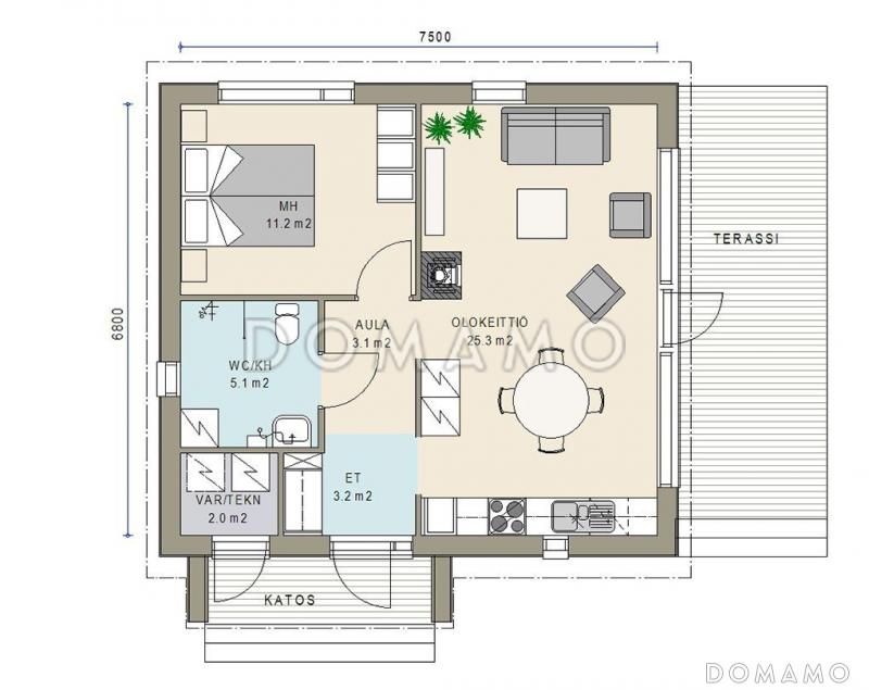 Проект каркасного дома с открытой террасой / План 1 этажа