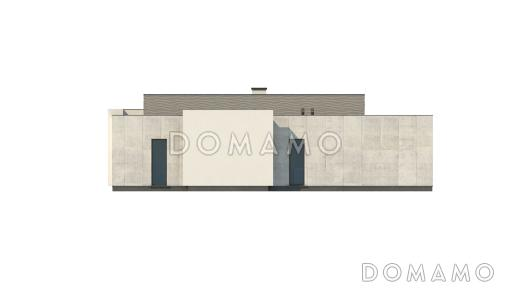 Проект современного одноэтажного дома из кирпича с плоской крышей с тремя спальнями, частично крытой террасой и одноместным гаражом / Фасад 3