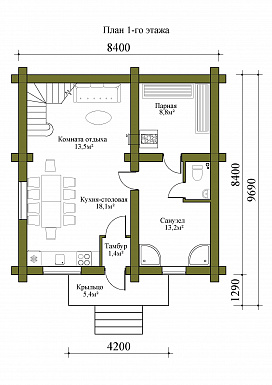 Проект двухэтажной бани из сруба с тремя спальнями / План 1 этажа