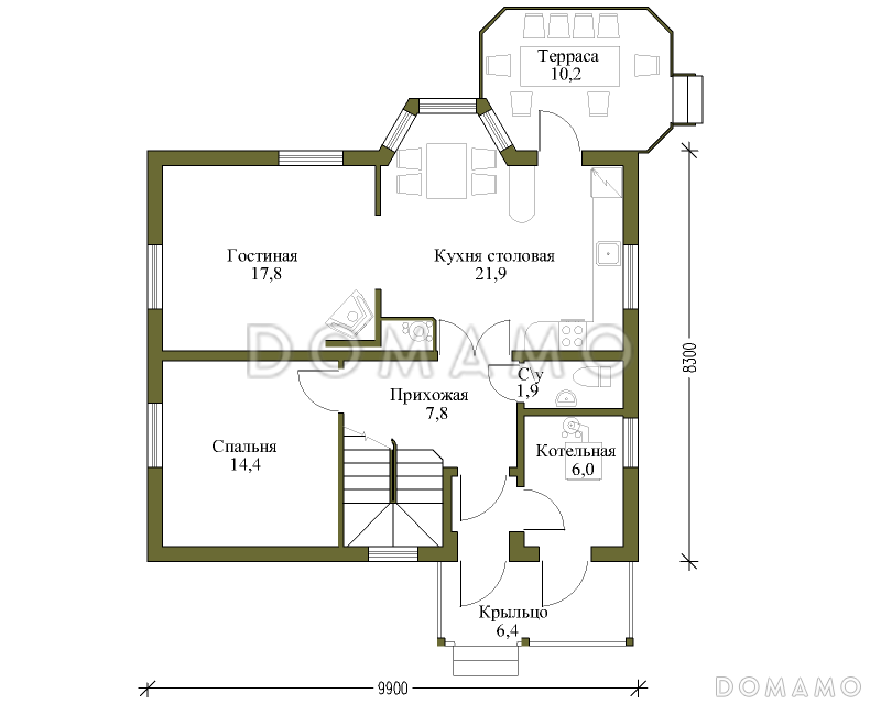 Проект коттеджа из газобетона с вальмовой крышей / План 1 этажа