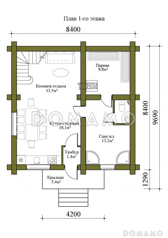 Проект двухэтажной бани из сруба с тремя спальнями / План 1 этажа
