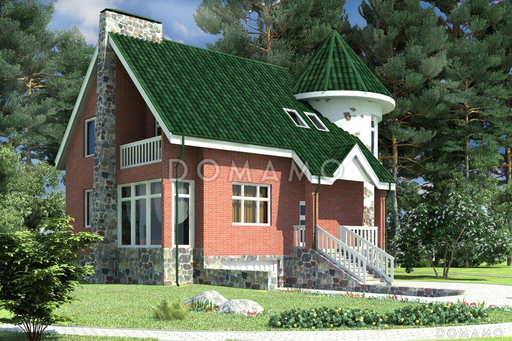 Дом с башней и зеленой крышей, с цокольным этажом, гаражом на одну машину / 2