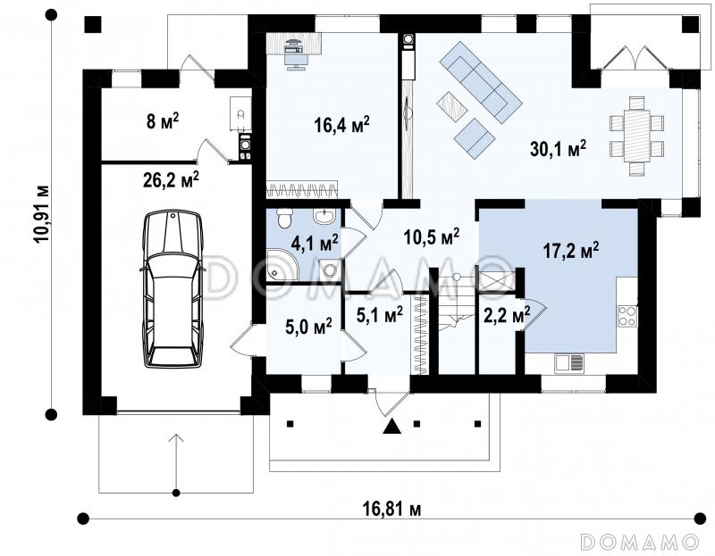 Проект двухэтажного дома из кирпича с тремя спальнями, кабинетом, гаражом и балконом / План 1 этажа
