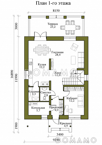 Проект двухэтажного каркасного дома с крытой террасой и четырьмя спальнями на втором этаже / План 1 этажа