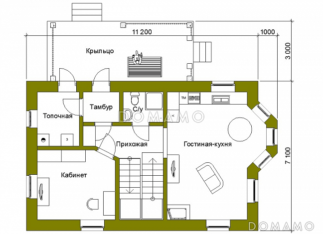 Проект компактного коттеджа в стиле фахверк / План 1 этажа Проект компактного коттеджа в стиле фахверк / План 1 этажа
