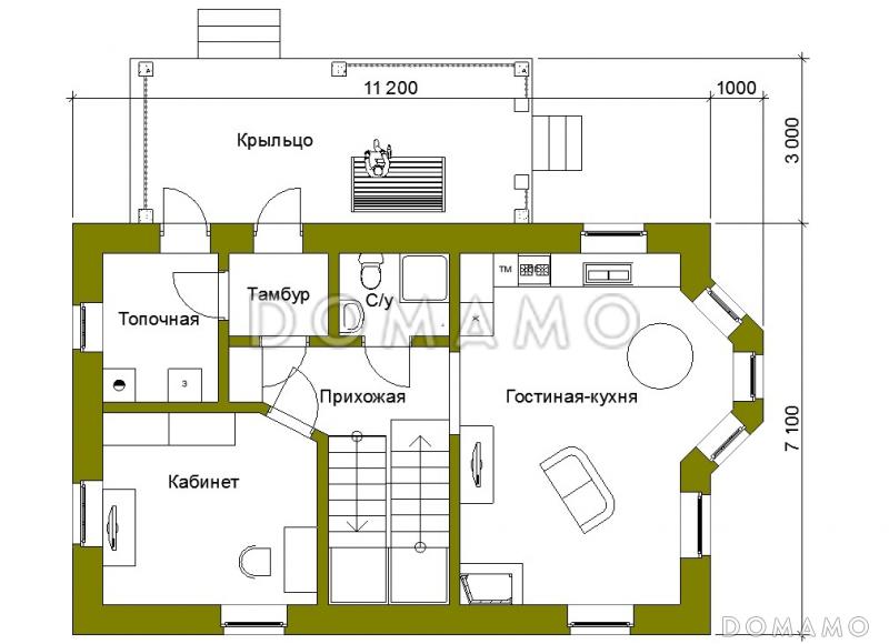 Проект компактного коттеджа в стиле фахверк / План 1 этажа