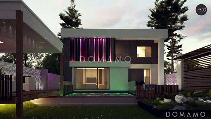 Проект современного двухэтажного дома из кирпича с дополнительной спальней на первом этаже и гаражом Проект современного двухэтажного дома из кирпича с дополнительной спальней на первом этаже и гаражом