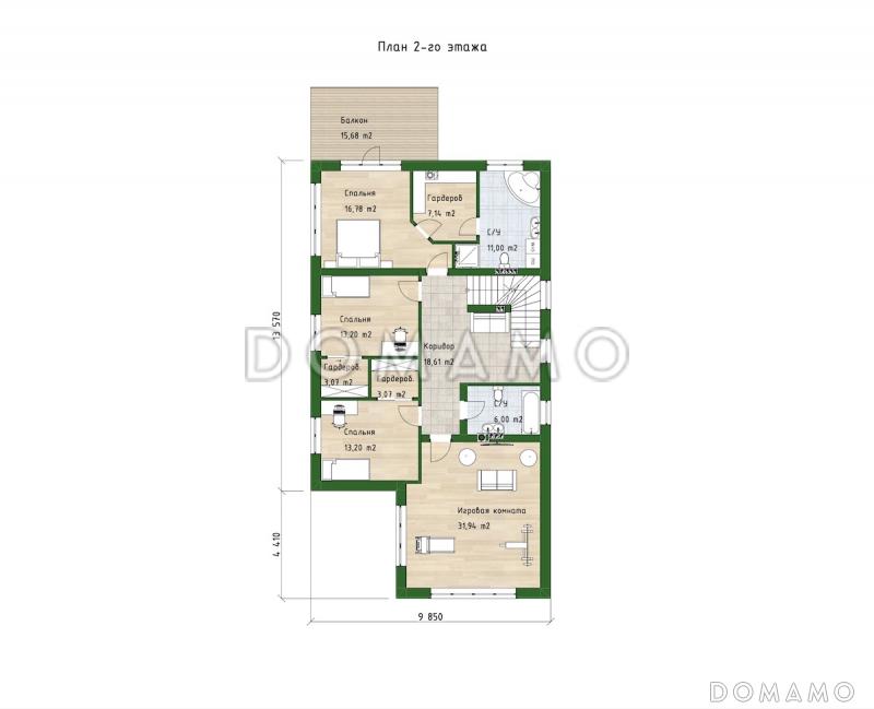 Проект двухэтажного дома из газобетона со встроенным гаражом, верандой и спортзалом / План 2 этажа