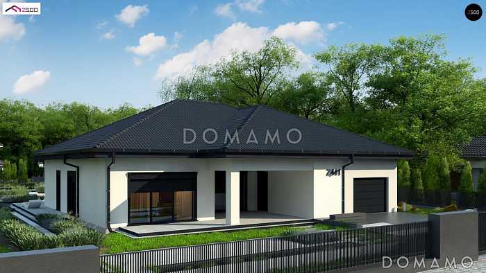 Проект большого одноэтажного дома из кирпича с тремя спальнями, кабинетом с отдельным входом и гаражом