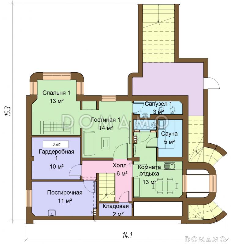 Проект дома с цокольным и мансардным этажами, с круглым эркером и террасой / План цокольного этажа