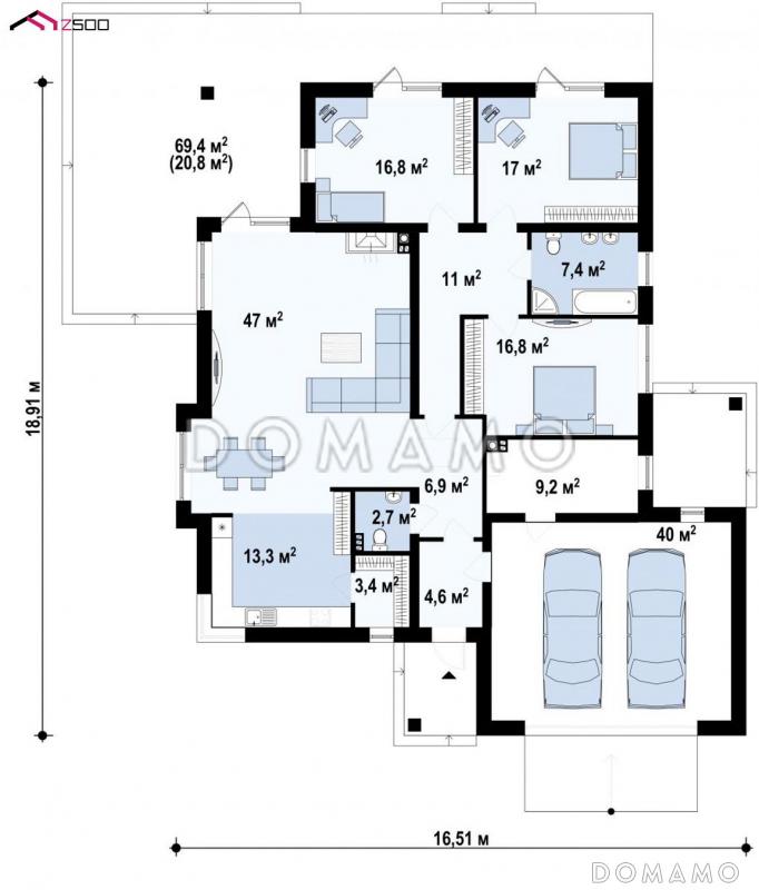 Проект одноэтажного просторного дома из газобетона с крытой террасой, эркером и гаражом для двух автомобилей  / План 1 этажа