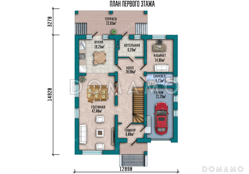 Проект одноэтажного дома с мансардой, большой террасой и гаражом / План 1 этажа Проект одноэтажного дома с мансардой, большой террасой и гаражом / План 1 этажа