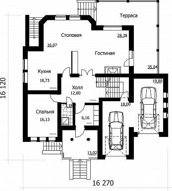 Проект коттеджа с встроенным гаражом / План 1 этажа Проект коттеджа с встроенным гаражом / План 1 этажа