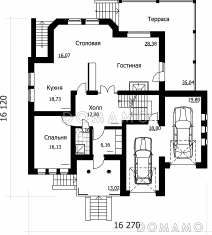 Проект коттеджа с встроенным гаражом / План 1 этажа Проект коттеджа с встроенным гаражом / План 1 этажа