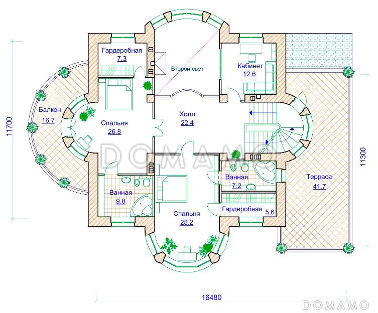 Проект коттеджа с двусветной гостиной, гаражом и террасой / План 2 этажа