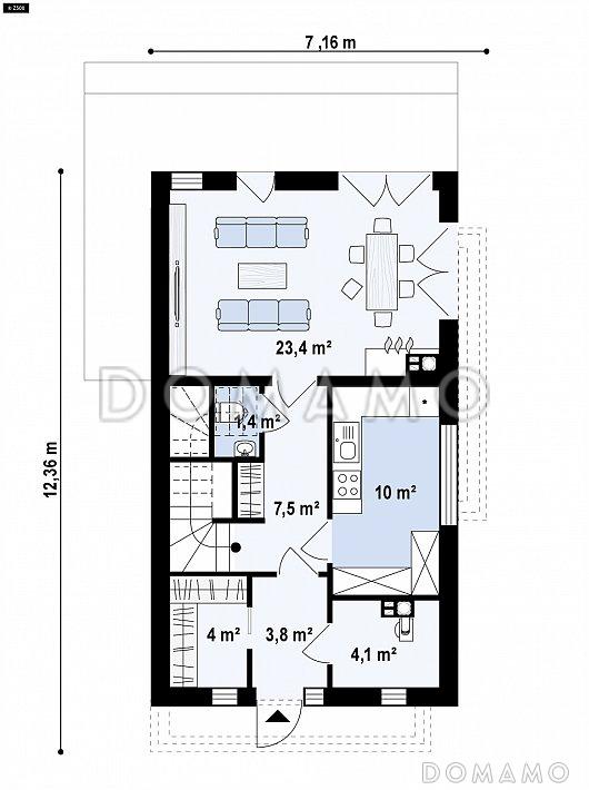 Проект двухэтажного дома из кирпича в стиле кубизм с балконом / План 1 этажа