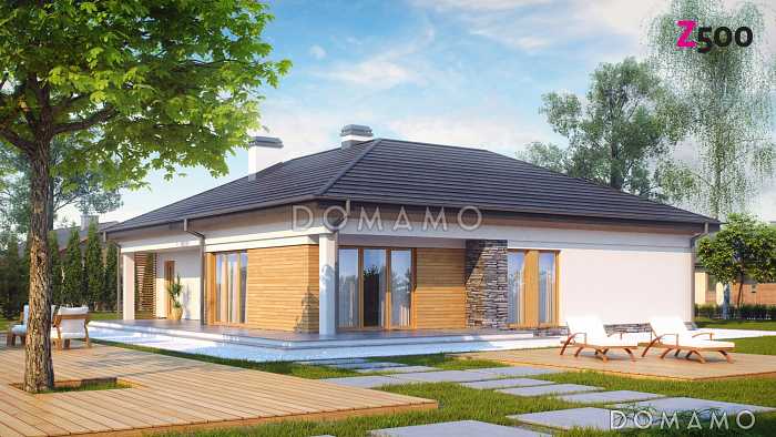 Проект одноэтажного дома из кирпича с дневной зоной в тыльной части дома и выходом на большую террасу и гаражом на два автомобиля