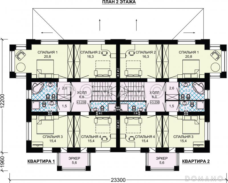 Проект двухэтажного дуплексного дома с крытой террасой / План 2 этажа
