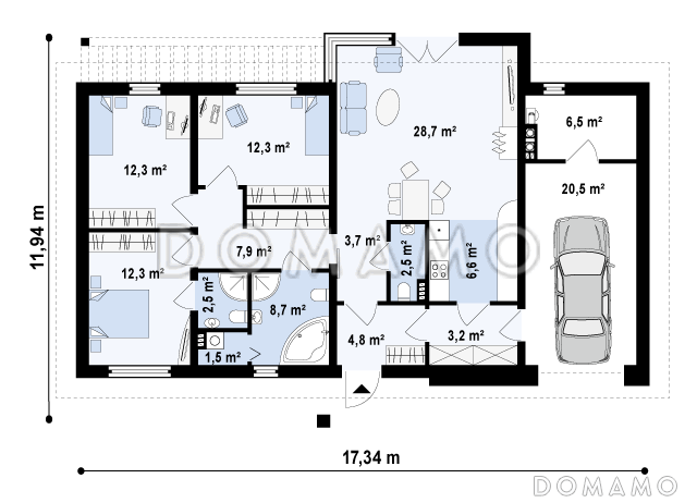 Проект одноэтажного дома из газобетона с прямоугольным эркером в современном архитектурном исполнении и со встроенным гаражом / План 1 этажа