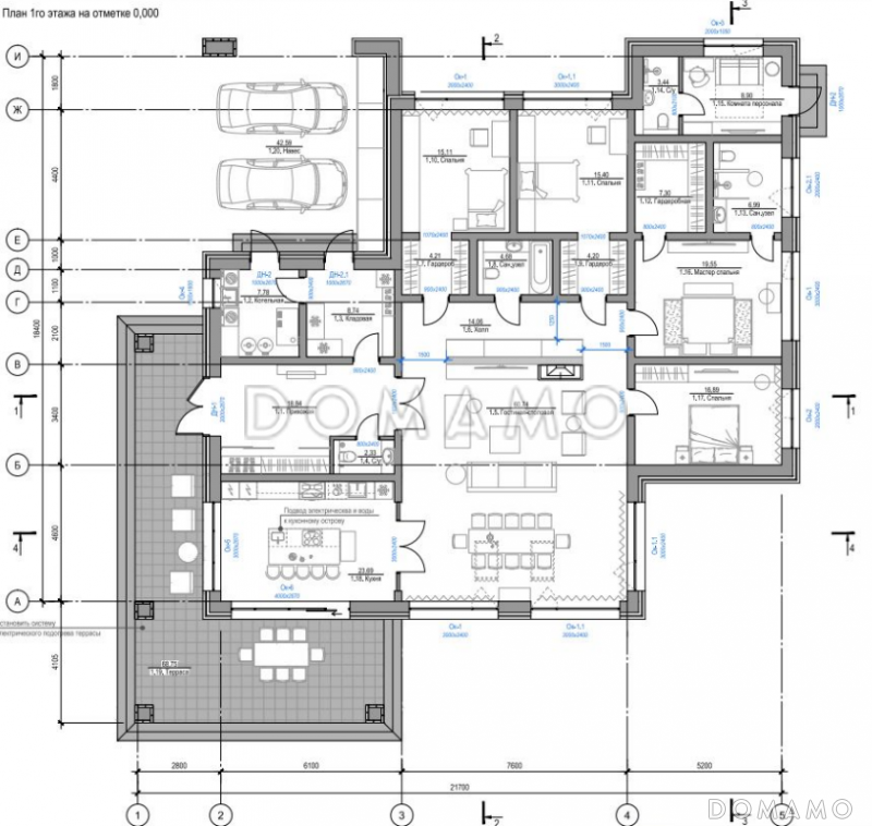 Проект дома с террасами, зоной барбекю, приватной зоной и просторной гостиной-кухней-столовой / План 1 этажа