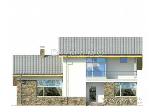 Проект дома с мансардными окнами, вторым светом, вытянутой крытой террасой, объединенной кухней-гостиной / Фасад 3