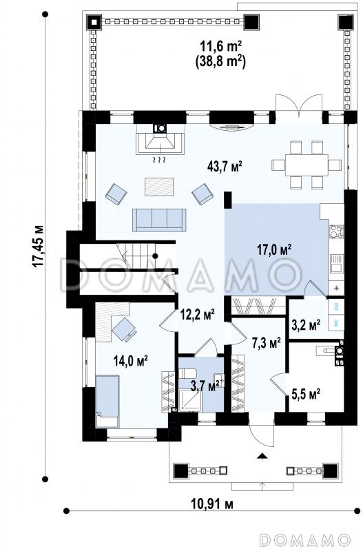 Проект двухэтажного дома с подвалом, спальней на первом этаже, просторной гостиной с выходом на террасу / План 1 этажа