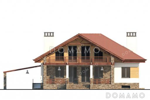 Проект дома с сауной в цокольном этаже, навесом для машины и гостиной на мансарде / Фасад 1