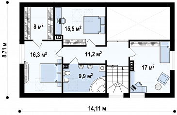Проект мансардного дома из газобетона с четырьмя спальнями, вторым светом и гаражом  / План мансардного этажа