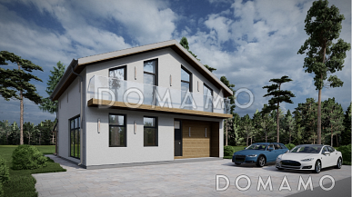 Проект коттеджа с просторной крытой террасой, кабинетом, длинным балконом на мансардном этаже на две спальни