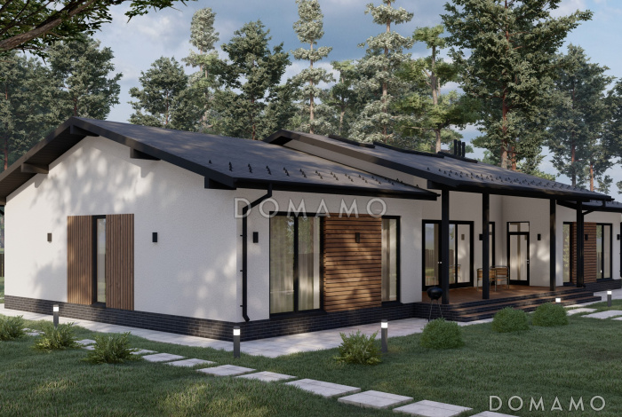 Проект большого одноэтажного дома с шестью спальнями, большой гостиной и террасой S-237