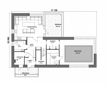 Проект двухэтажной бани из газобетона с кухней, гостиной, балконом и 2 спальнями / План 1 этажа